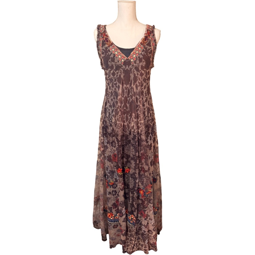 Johnny Was Purple floral sheer sleeveless V-Neck Maxi Sundress with cotton slip